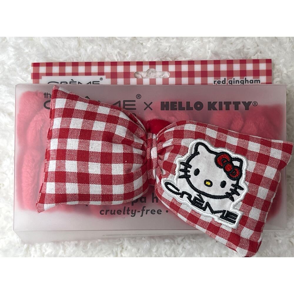 The Creme Shop Hello Kitty Red White Gingham Plush Spa Headband Bow Hairband NEW
